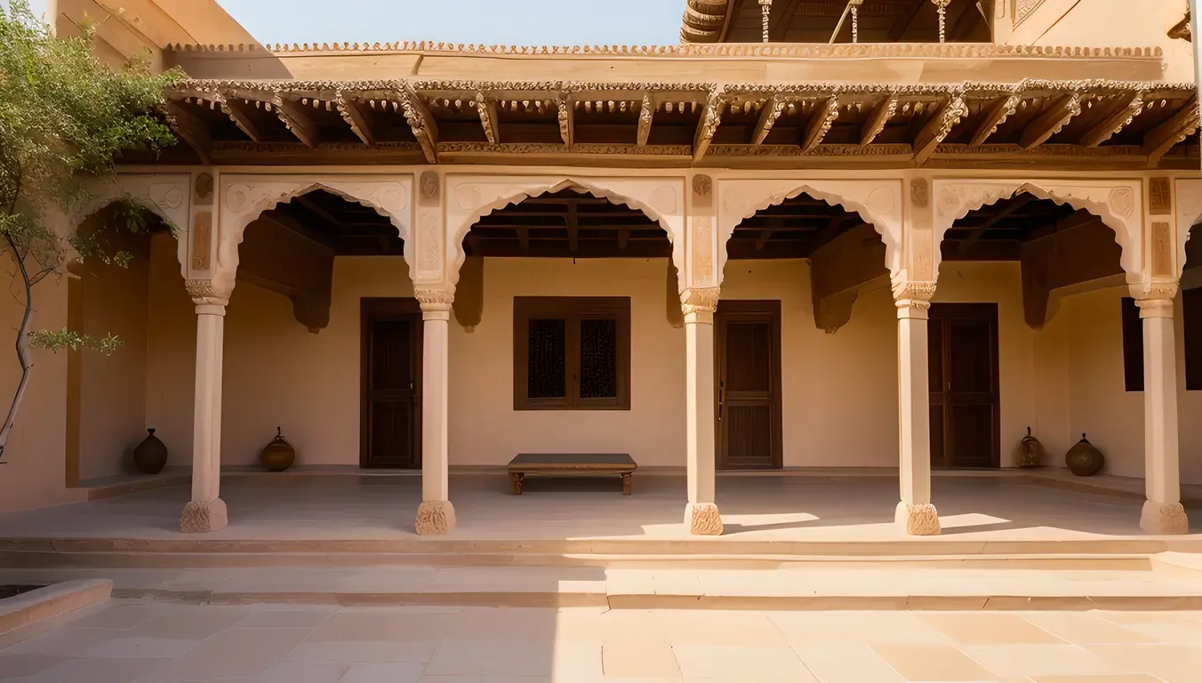 Serene Rajasthani Haveli with Lush Greenery and Blue Sky