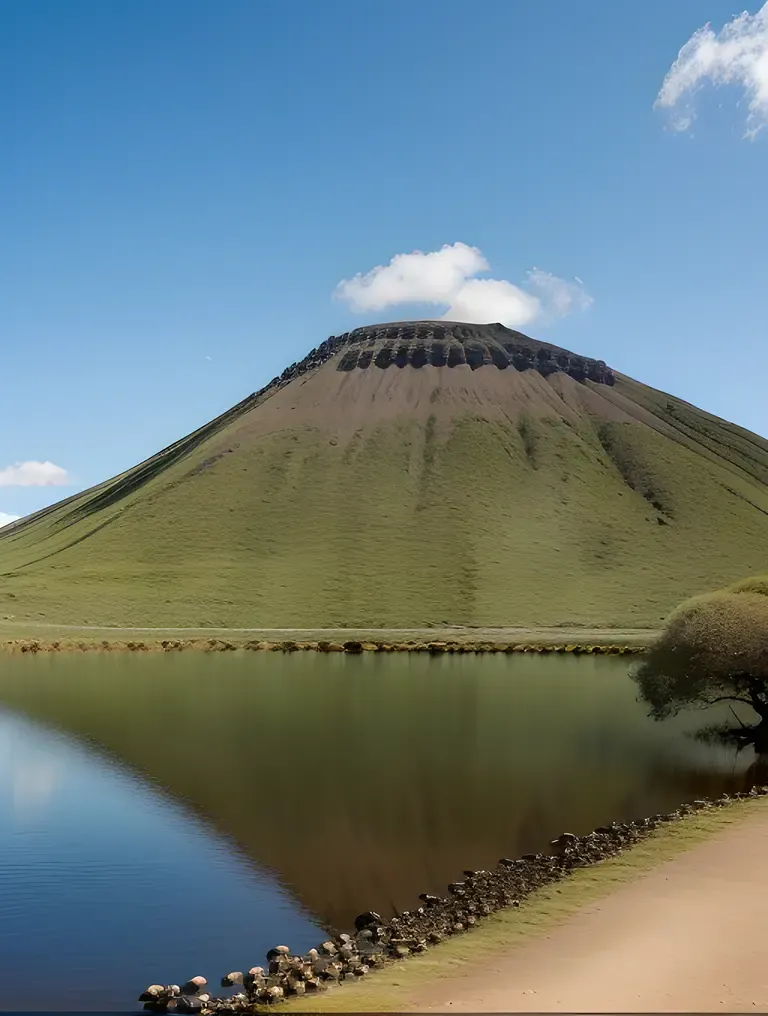 Serene Scene of Extinct Volcano with Tranquil Lake and Wildlife