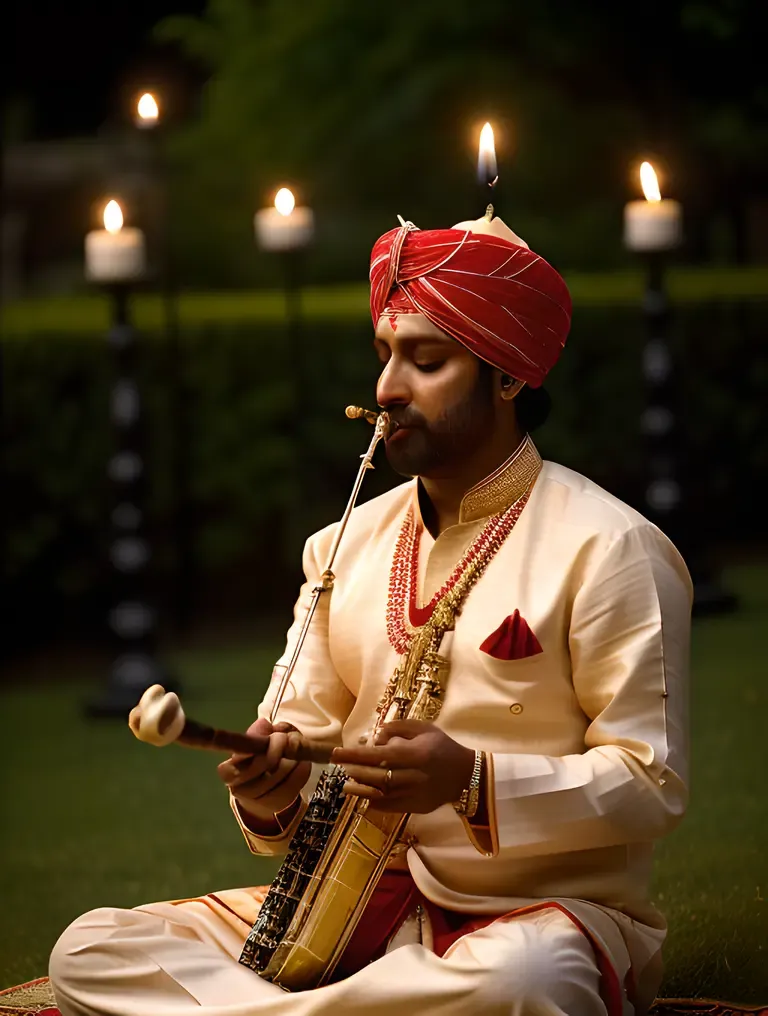 Serene Shehnai Player Surrounded by Flowers and Candles