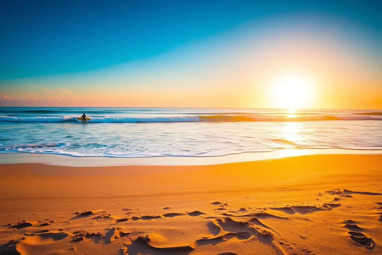 Serene Sunrise Beach Scene with Surfer and Golden Glow