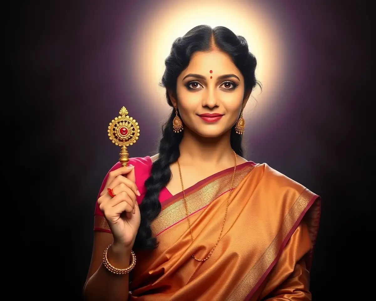 Serene Varsha Holds Shraddha Patrika, Surrounded by Soft Light