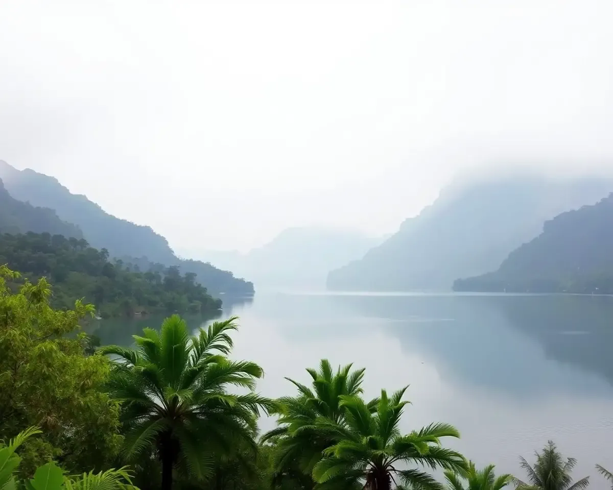 Serene Vastu Shanti Patrika Background with Calm Lake and Mountains