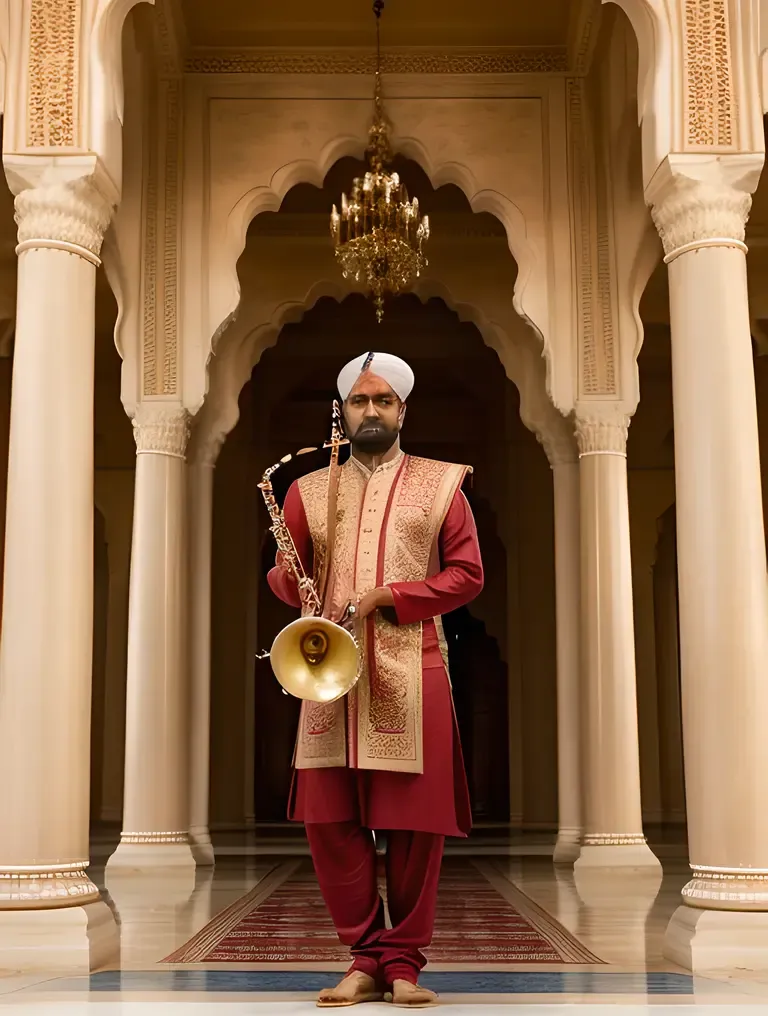 Shehnai Player Performs in Front of Grand Architectural Backdrop