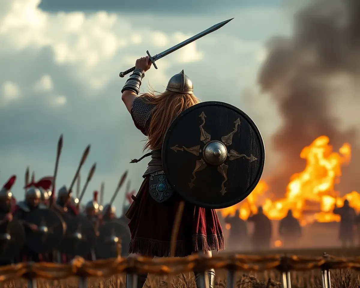 Shieldmaiden Prepares to Charge into 4K Battle with Sword Raised