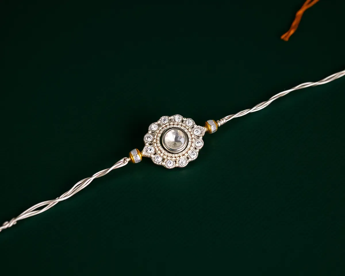 Shimmering Silver Thread and Gemstone on Dark Green Background Fancy Rakhi