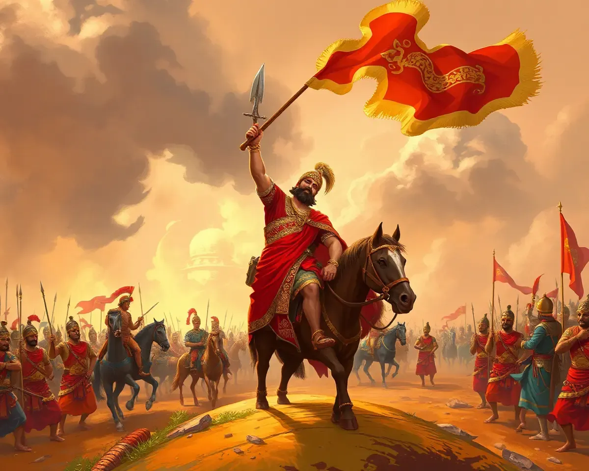 Shivaji's Pratapgarh victory in powerful PNG background landscape.