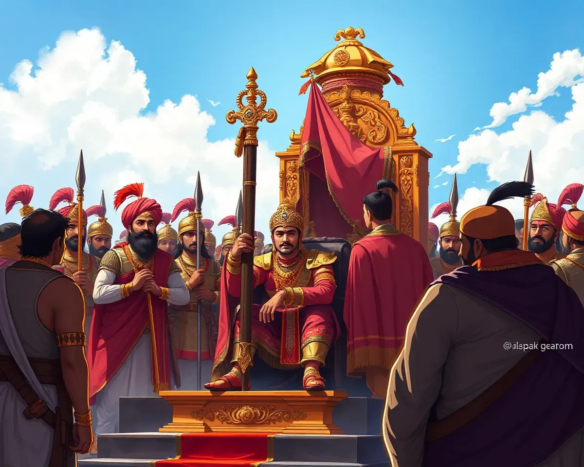 Shivaji's coronation ceremony in bright blue PNG background setting.