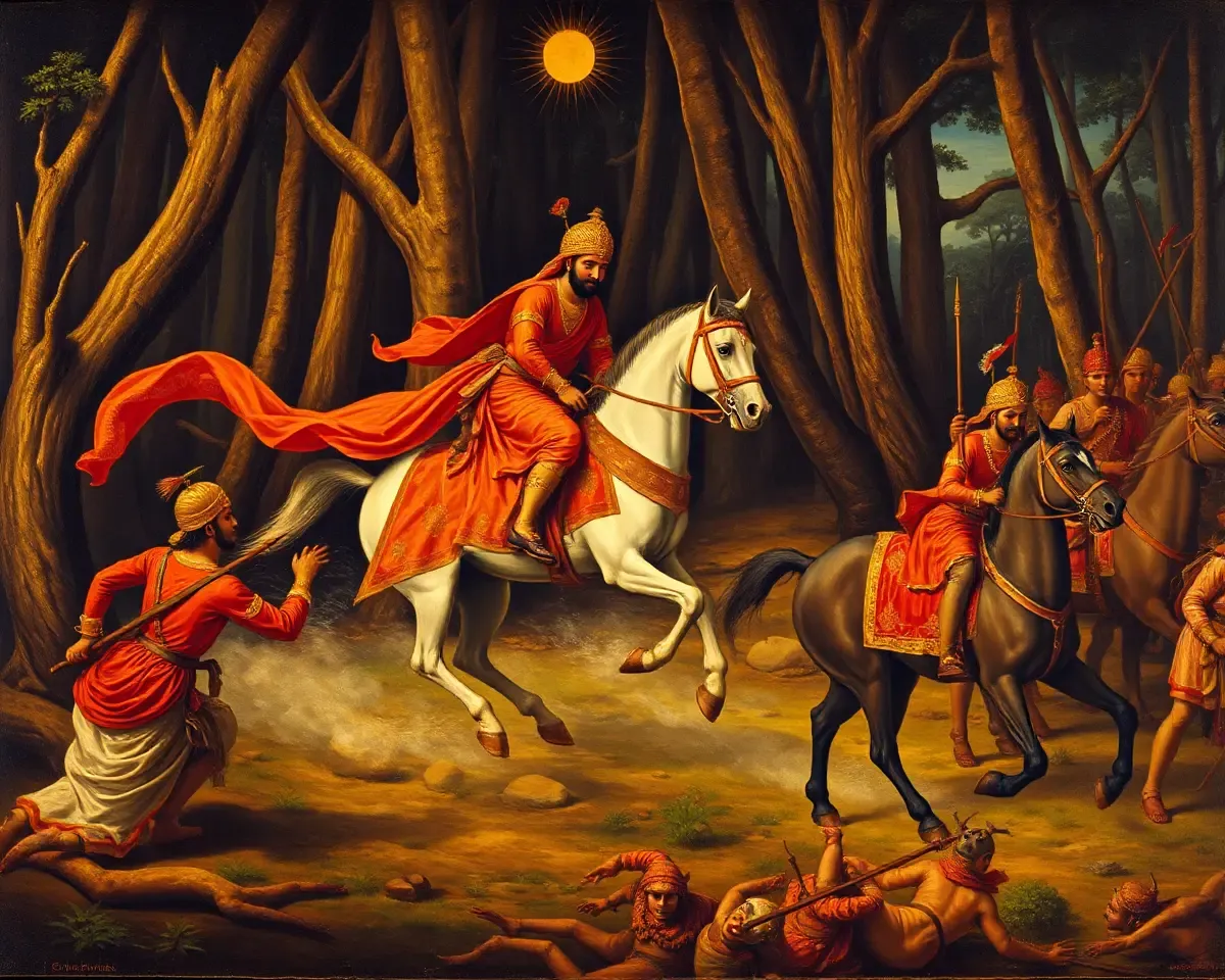 Shivaji's escape from Mughal Empire in dark PNG background.