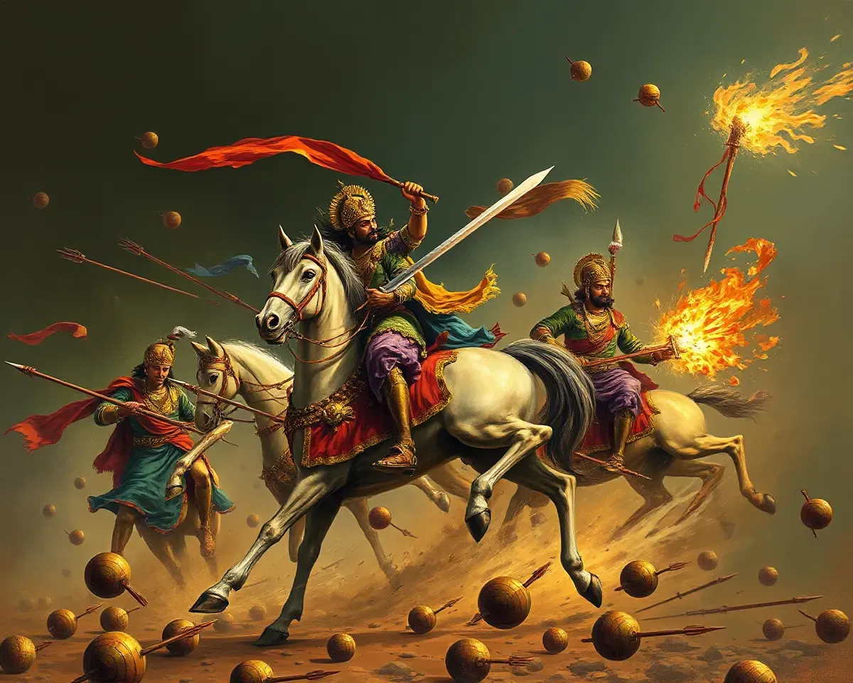 Shivaji battles Mughal Empire in dramatic PNG background storm.