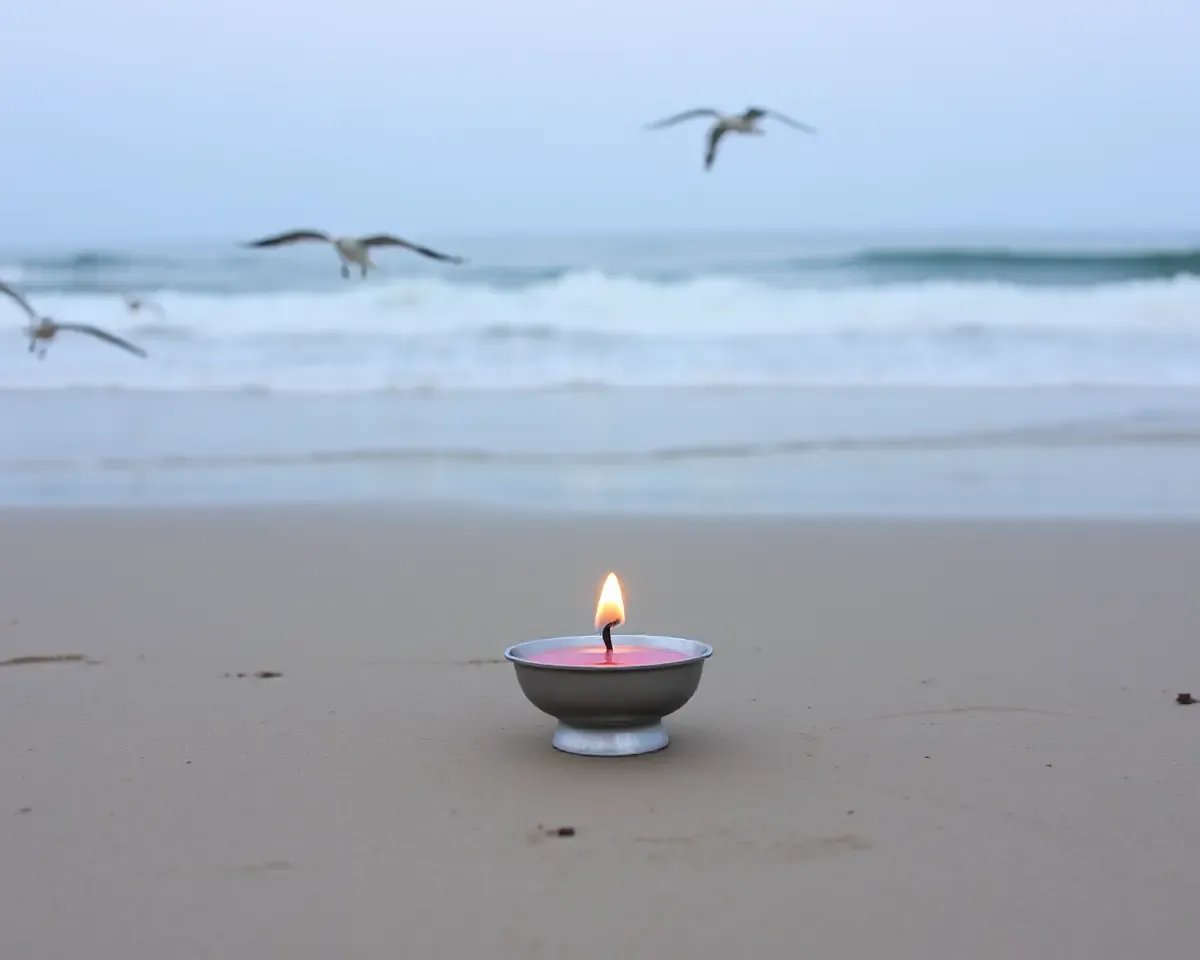 Shradhanjali Candle on Beach with Waves and Seagulls Flying High