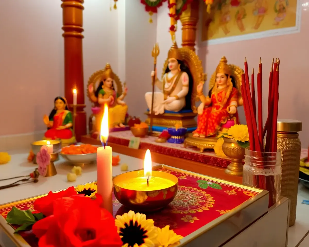 Shradhanjali Candle on Puja Platform with Idols and Incense Sticks