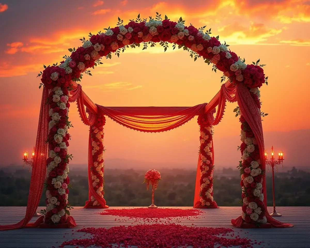 Shradhanjali Flower-Adorned Wedding Archway with Sunset Background PNG