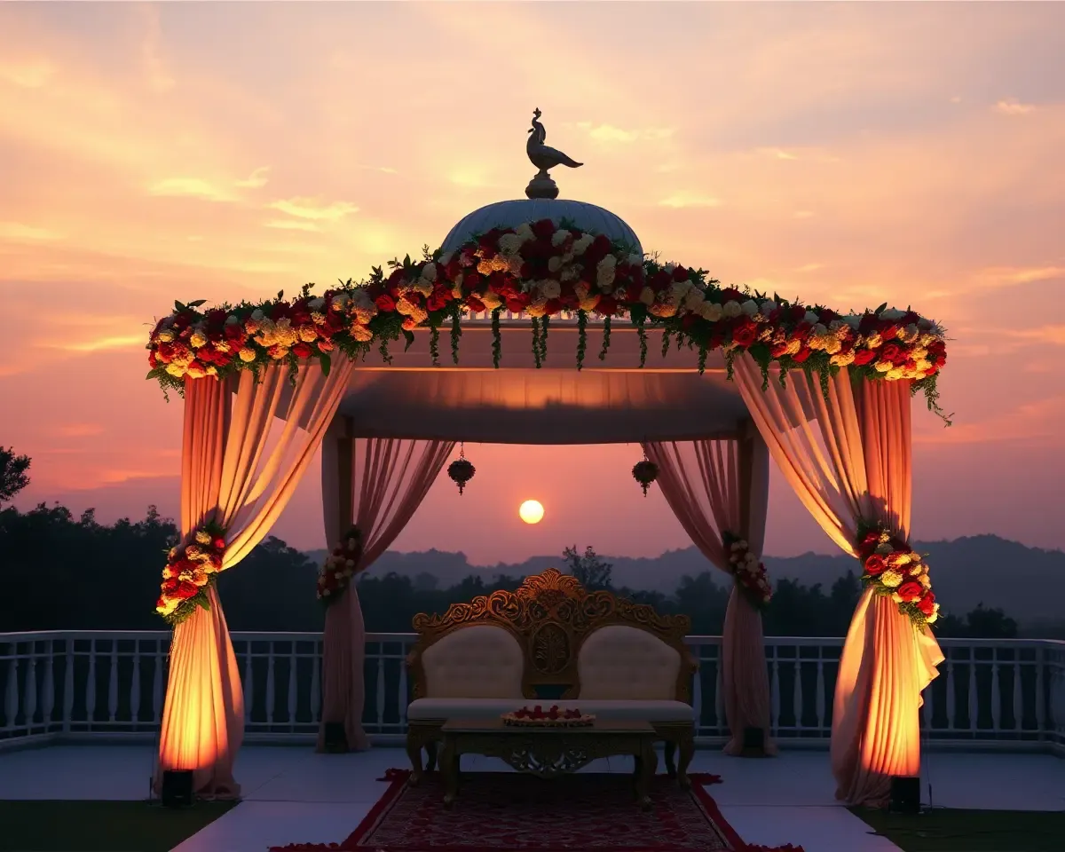 Shradhanjali Flower-Adorned Wedding Mandap with Sunset Backdrop PNG