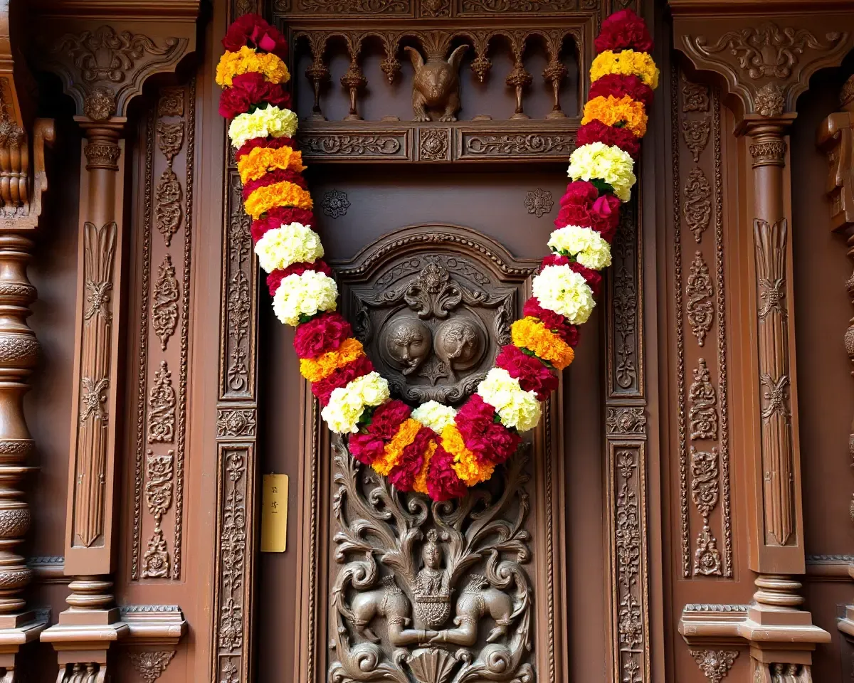 Shradhanjali Flower Garland on Traditional Indian Wedding Door PNG
