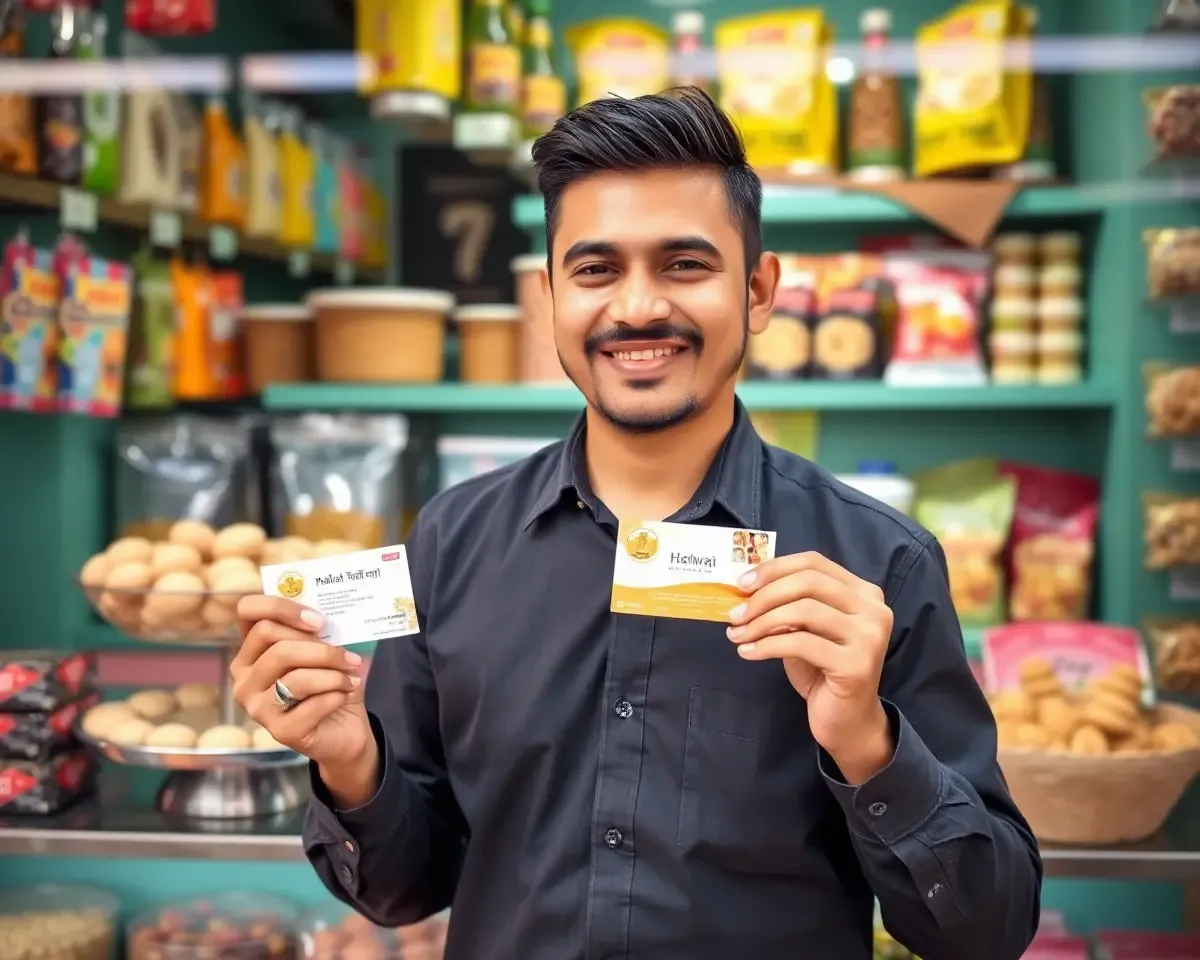 Smiling Halwai Holds Visiting Card in Front of Colorful Shop