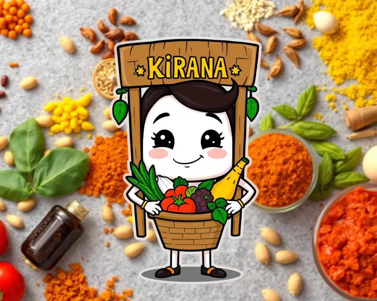 Smiling Kirana Store with Fresh Produce and Colorful Background.