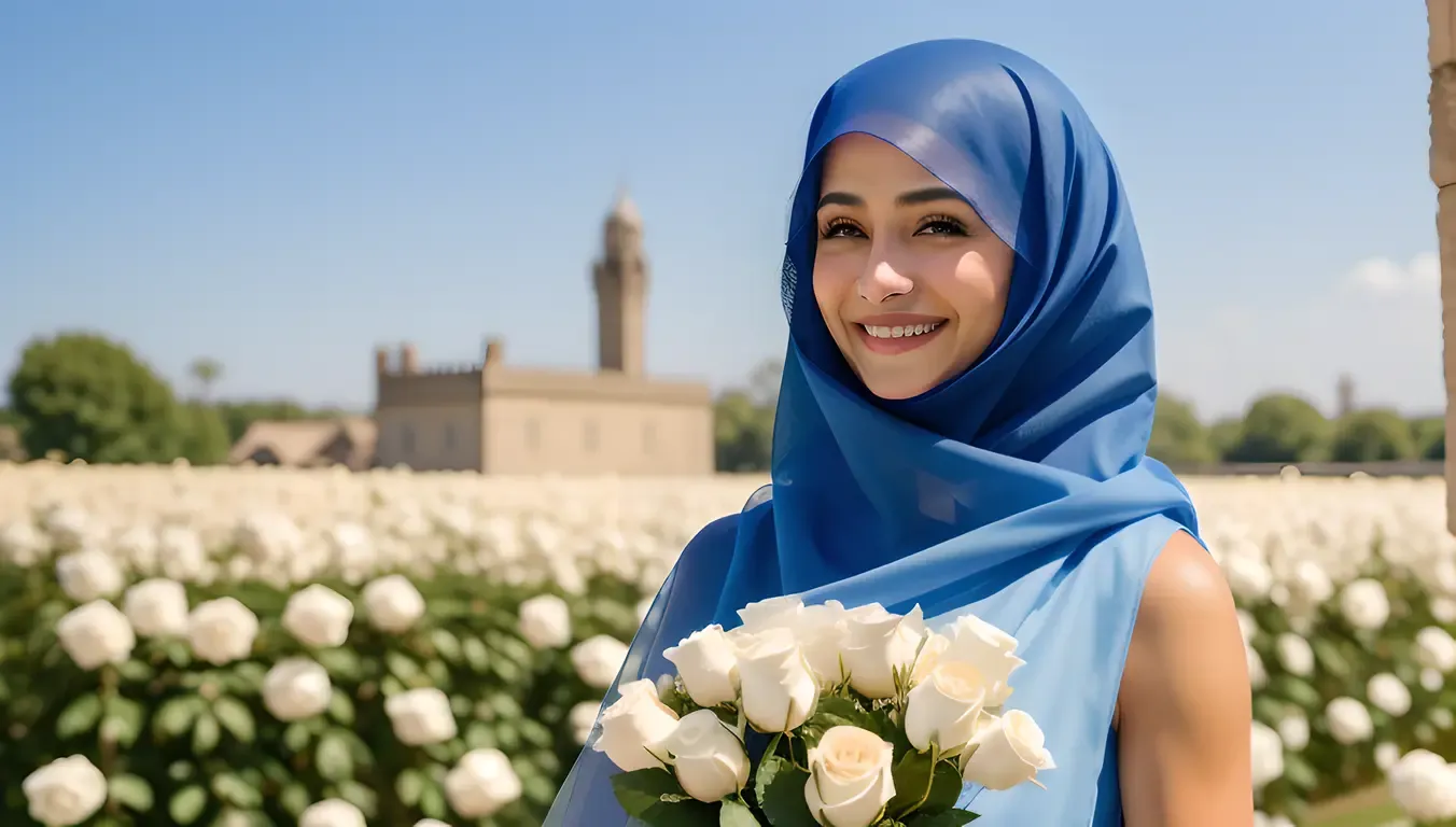 Smiling Niqab Girl Holds White Roses in Bright Sky