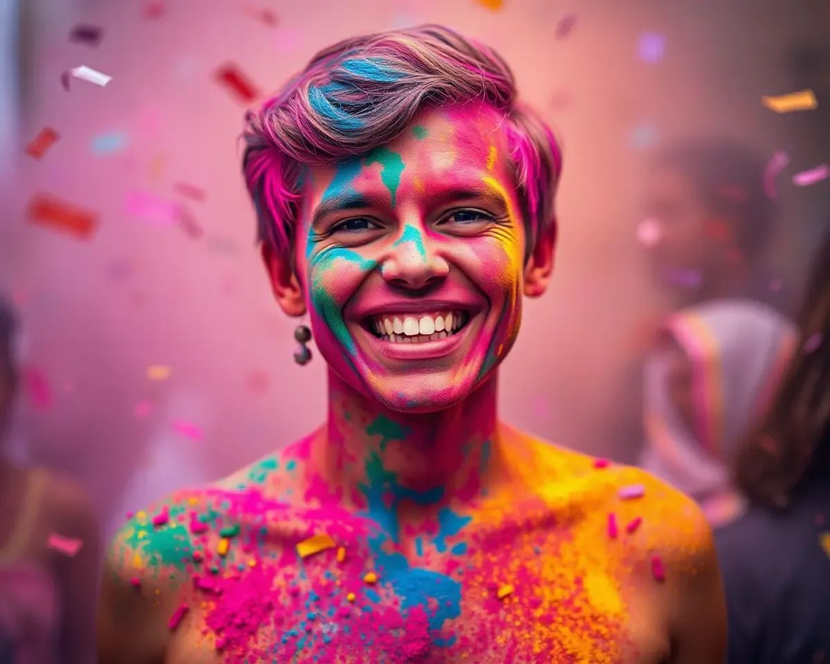 Smiling Person Covered in Vibrant Holi Colors