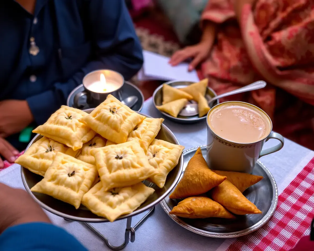 Soan Papdi with Chai and Samosas at Family Gathering.
