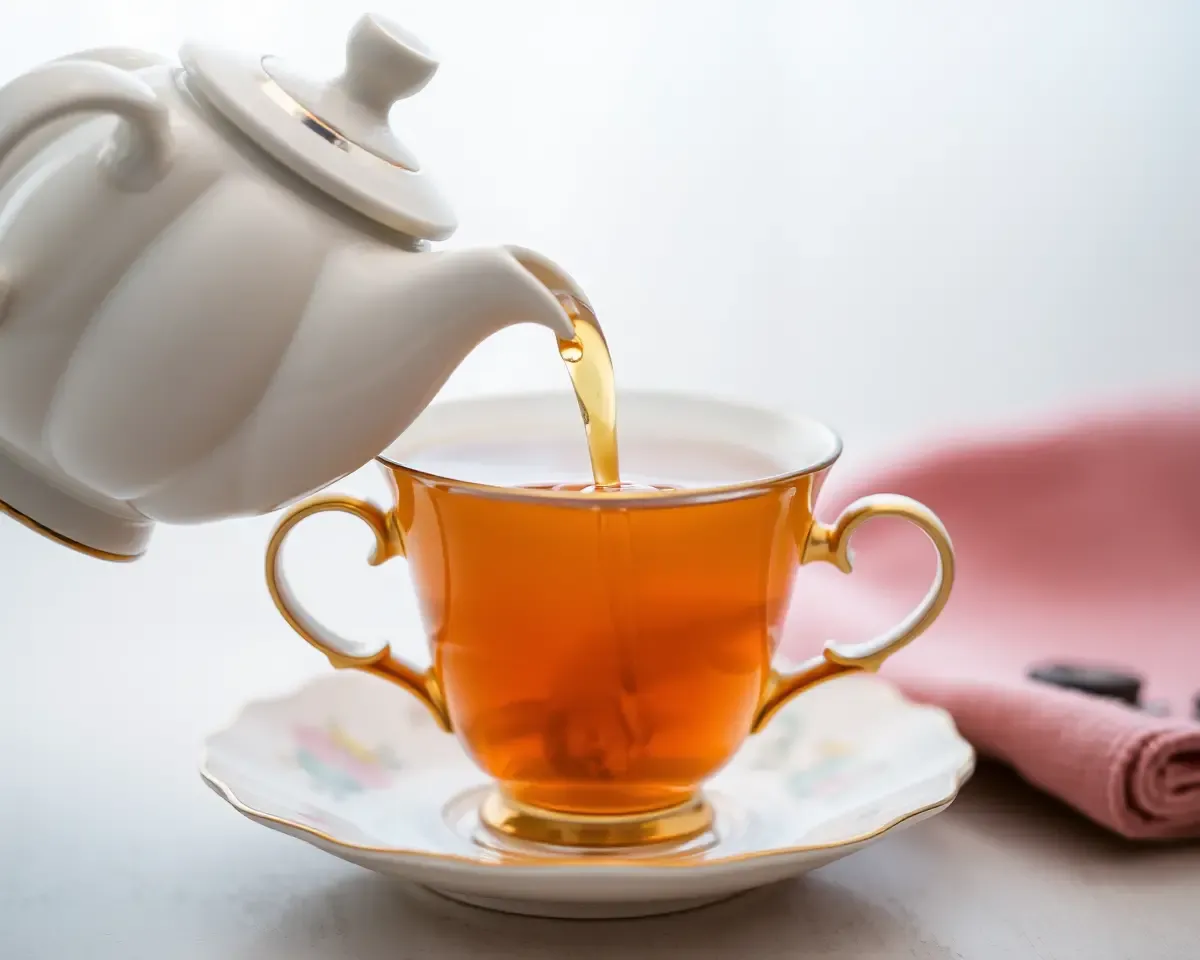 Soft Focus Teapot Pouring Sambrani Tea into Delicate China Cup