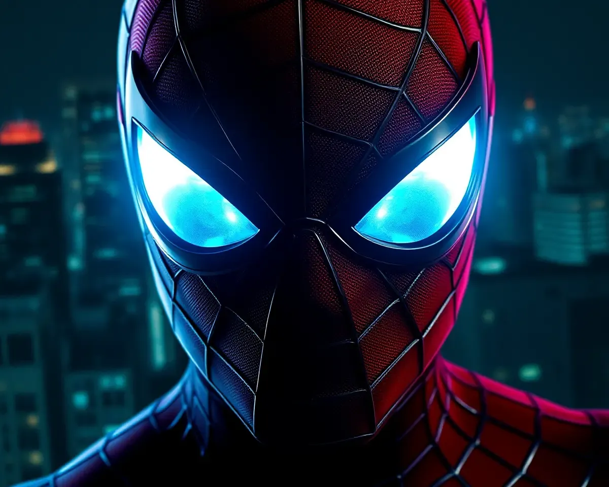 Spider-Man's Mask Glowing in Dark Cityscape