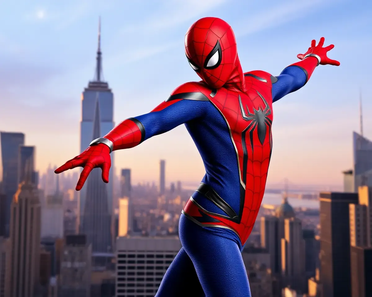 Spider-Man Heroic Pose with Cityscape Background PNG Image
