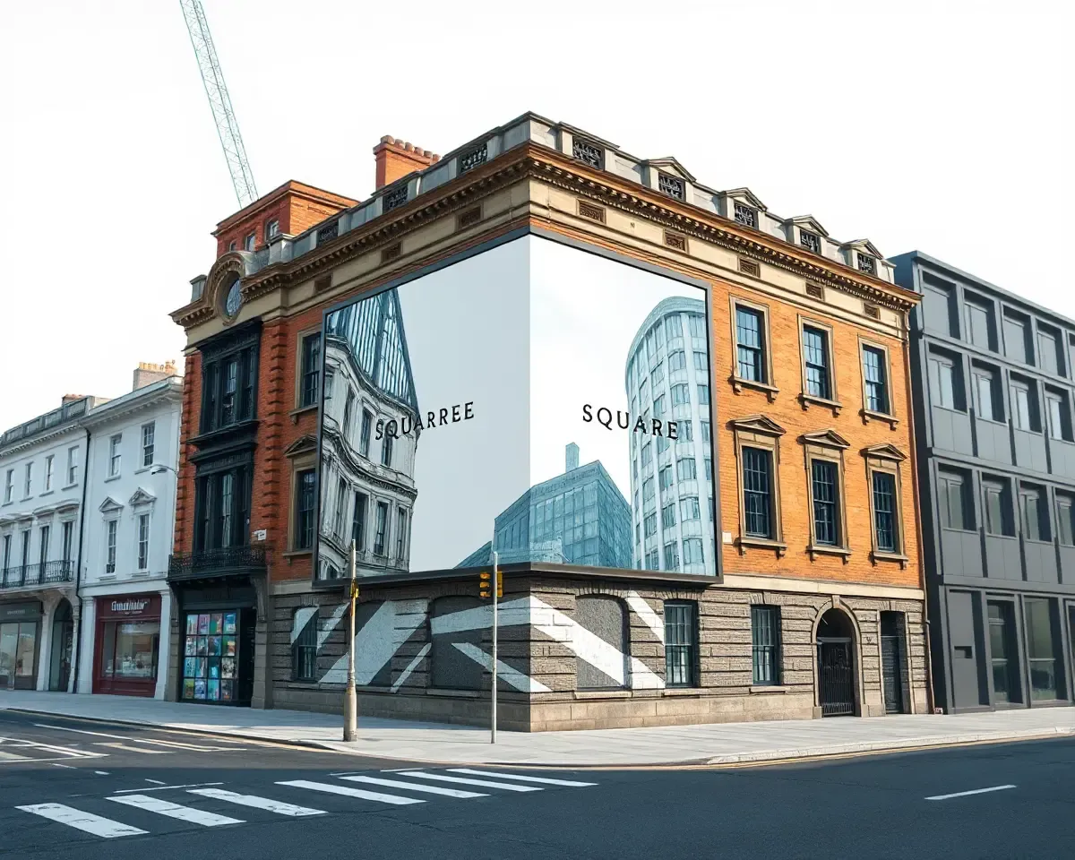 Square Hoarding Board Wraps Around Historic Building Architecture