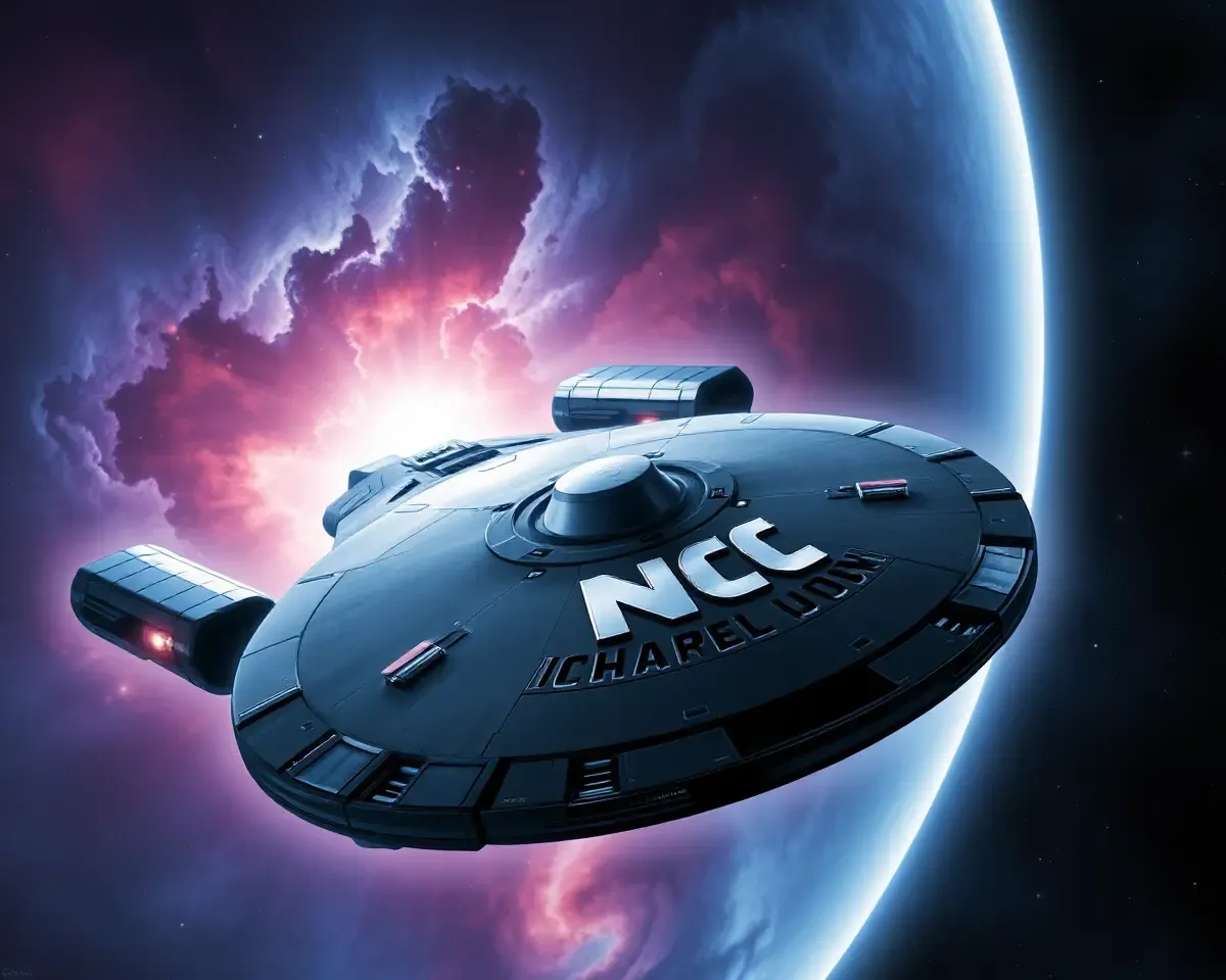 Starship Soaring Through Nebula with NCC Logo