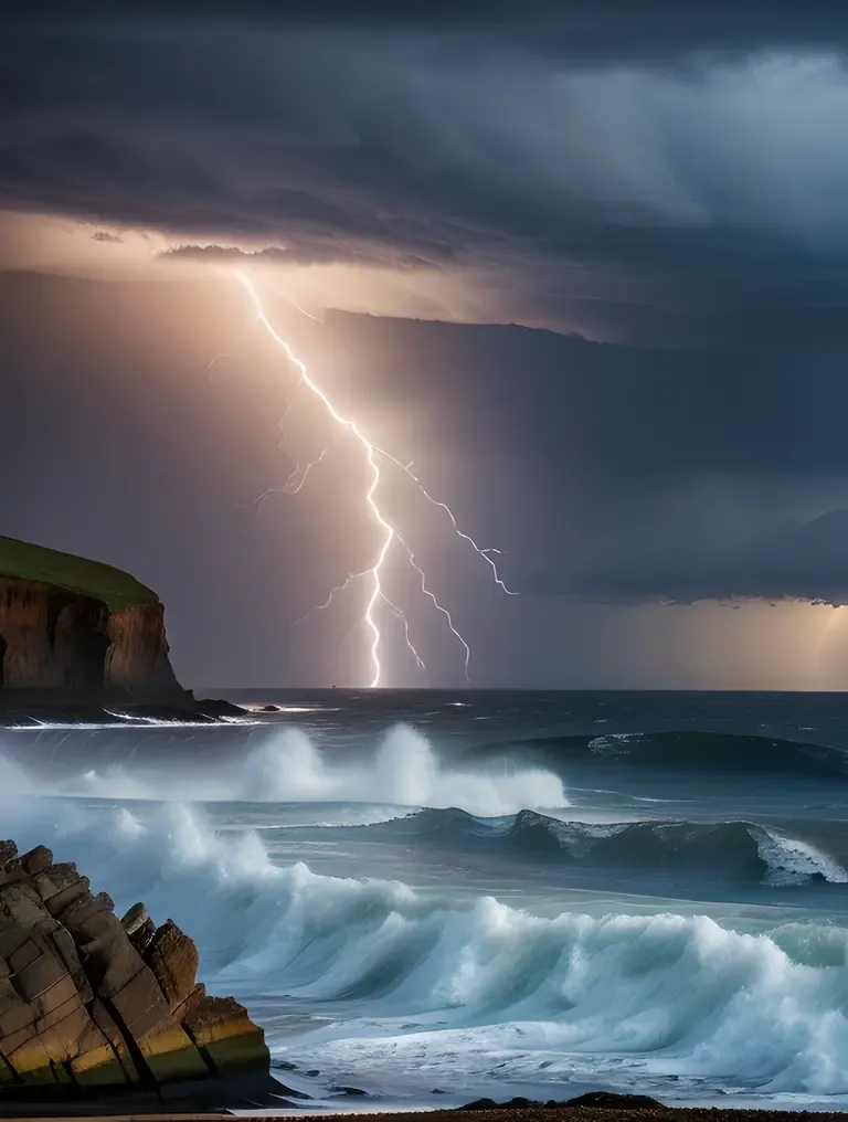 Stormy Sea Waves Rocky Shore Lightning Dark Clouds Image