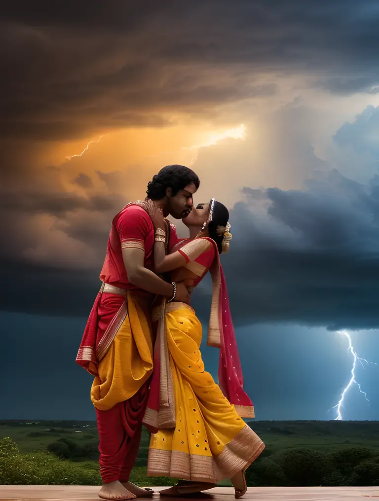 Stormy Sky Radha and Krishna's Dramatic Kiss
