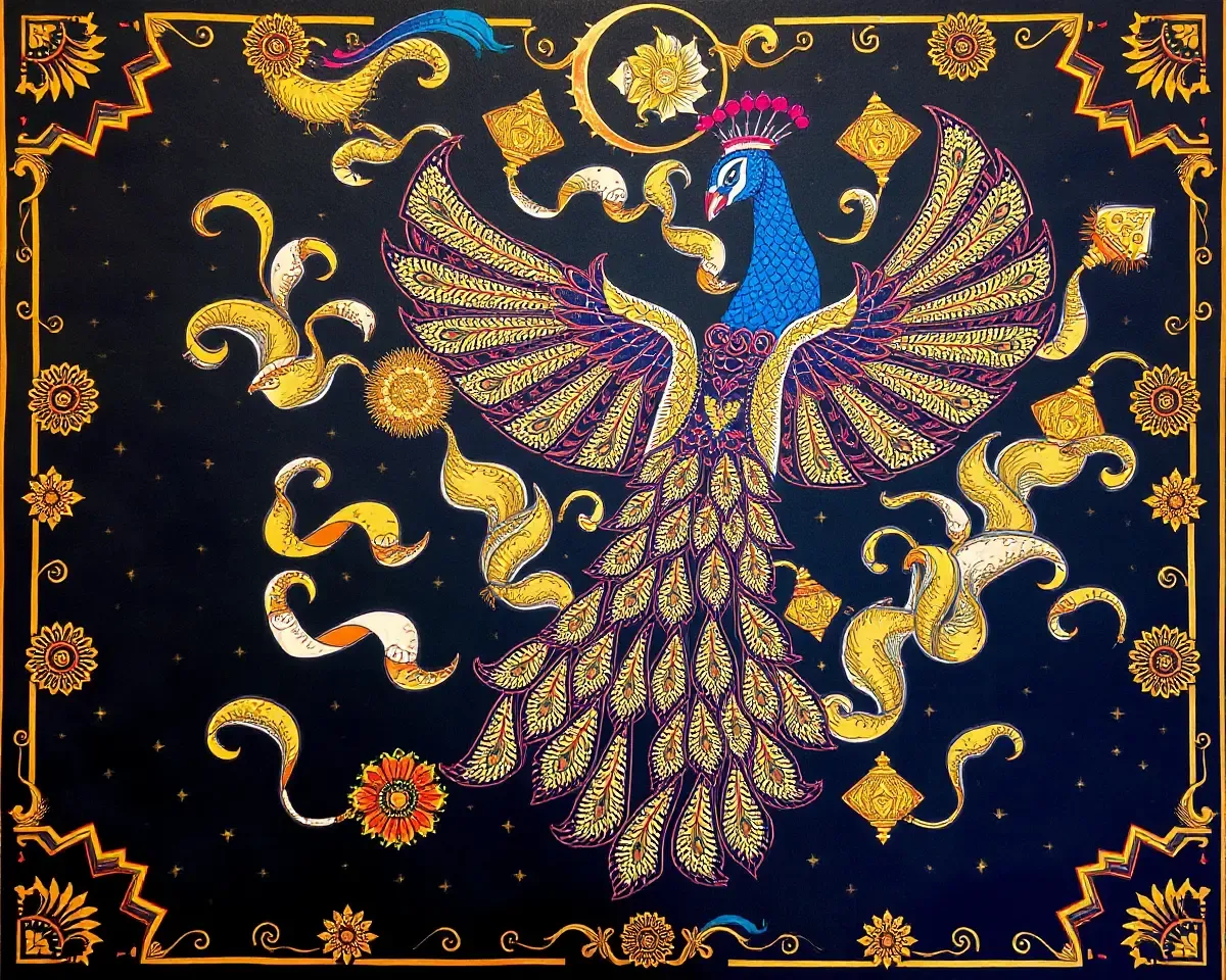 Striking Peacock Flight Madhubani-Inspired Wallpaper with Clouds