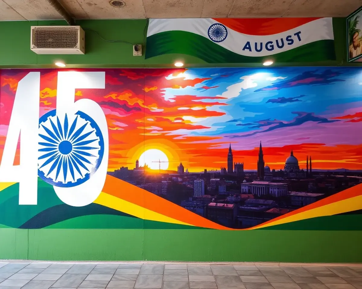Stunning 15 August Mural with Indian Flag and Cityscape