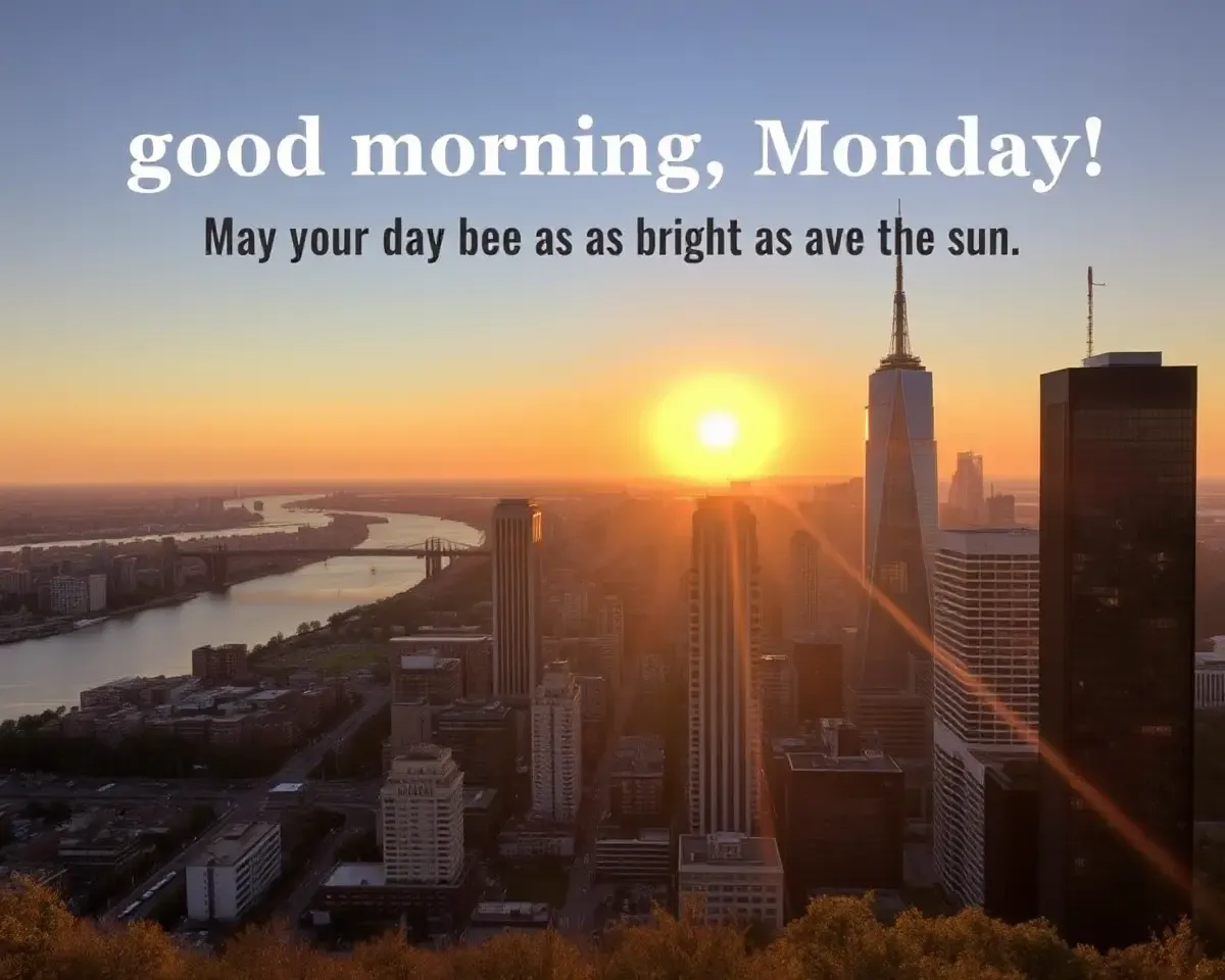 Stunning Cityscape at Sunrise with Good Morning Monday Quote