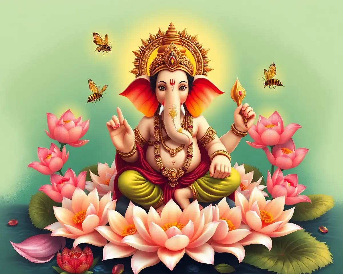 Stunning Ganesha Idol Surrounded by Lotus Flowers and Bees