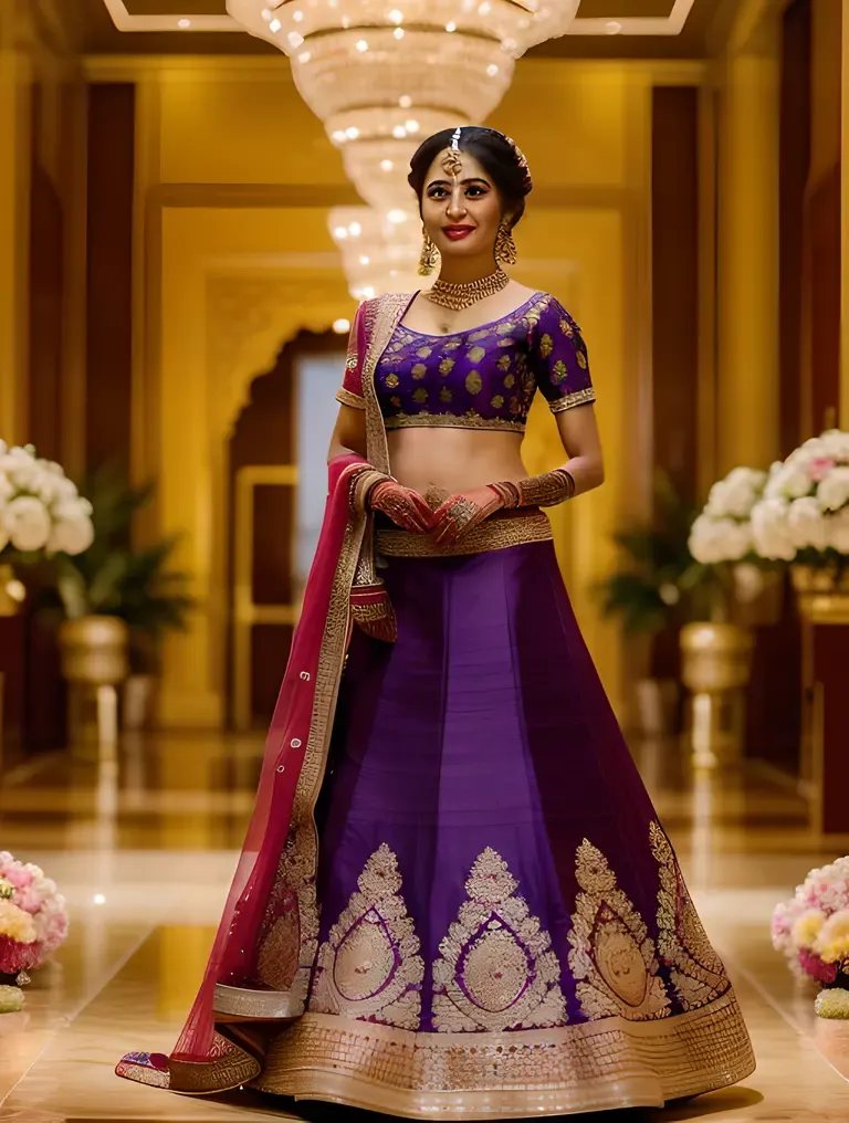 Stunning Indian Bride in Vibrant Purple and Gold Lehenga
