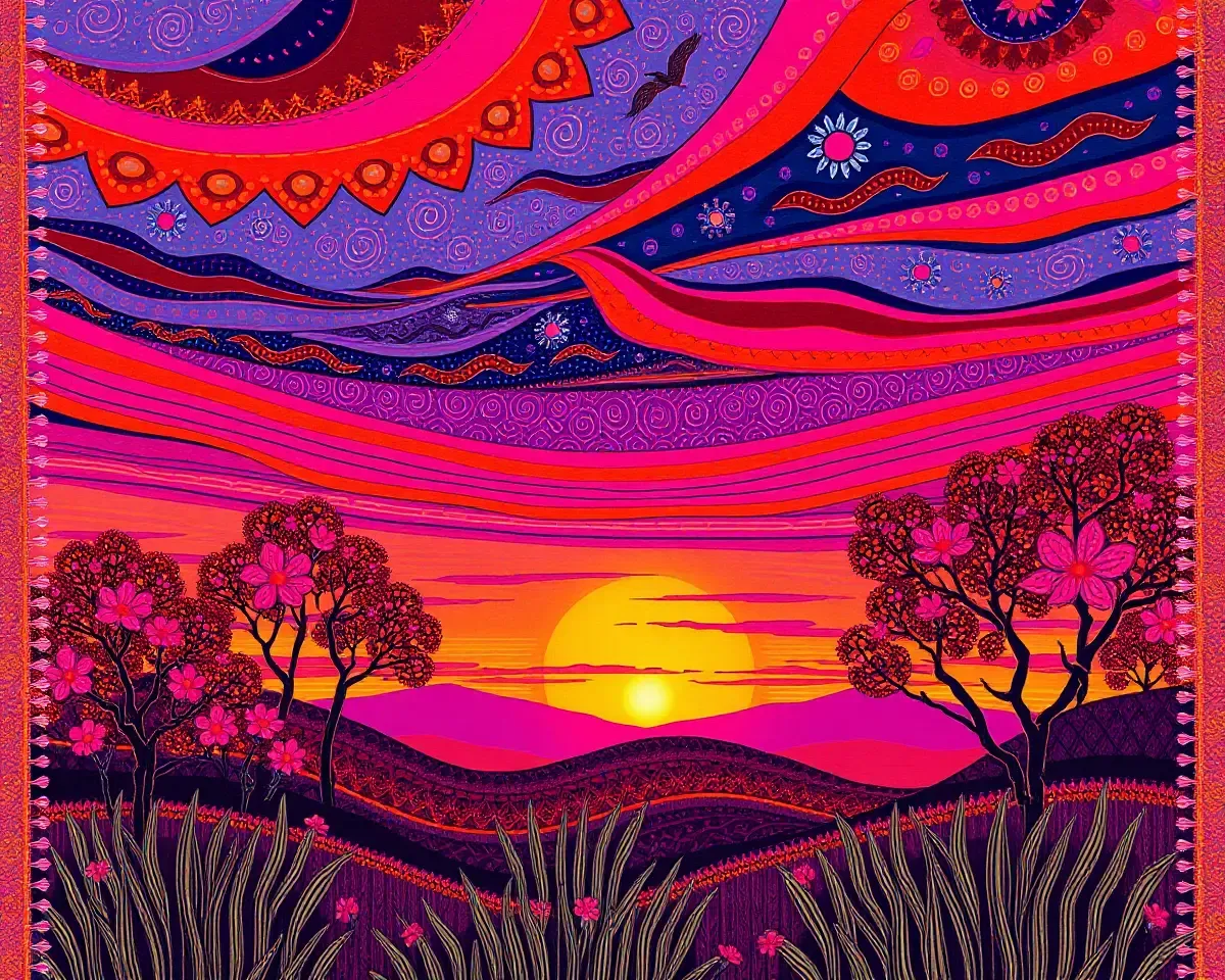 Stunning Sunset Madhubani Wallpaper with Vibrant Hues