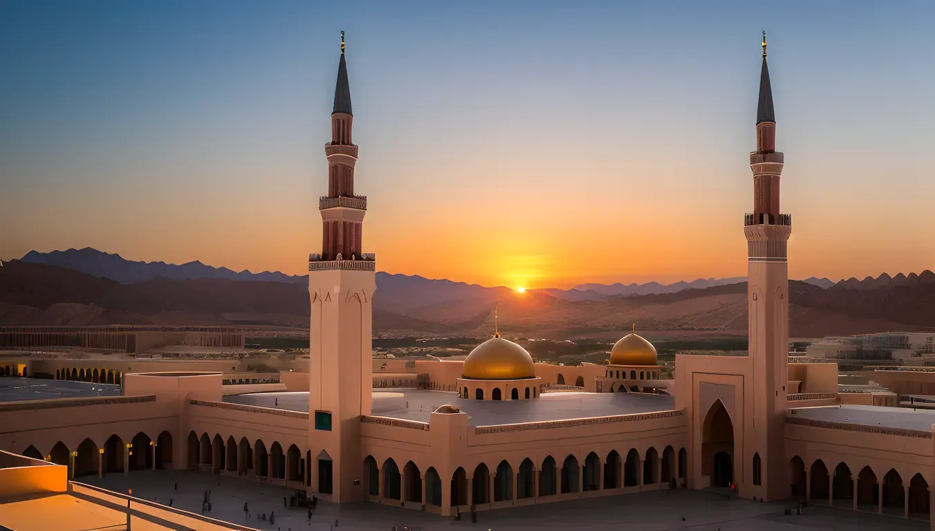 Stunning Sunset at Masjid Nabawi Minarets Domes