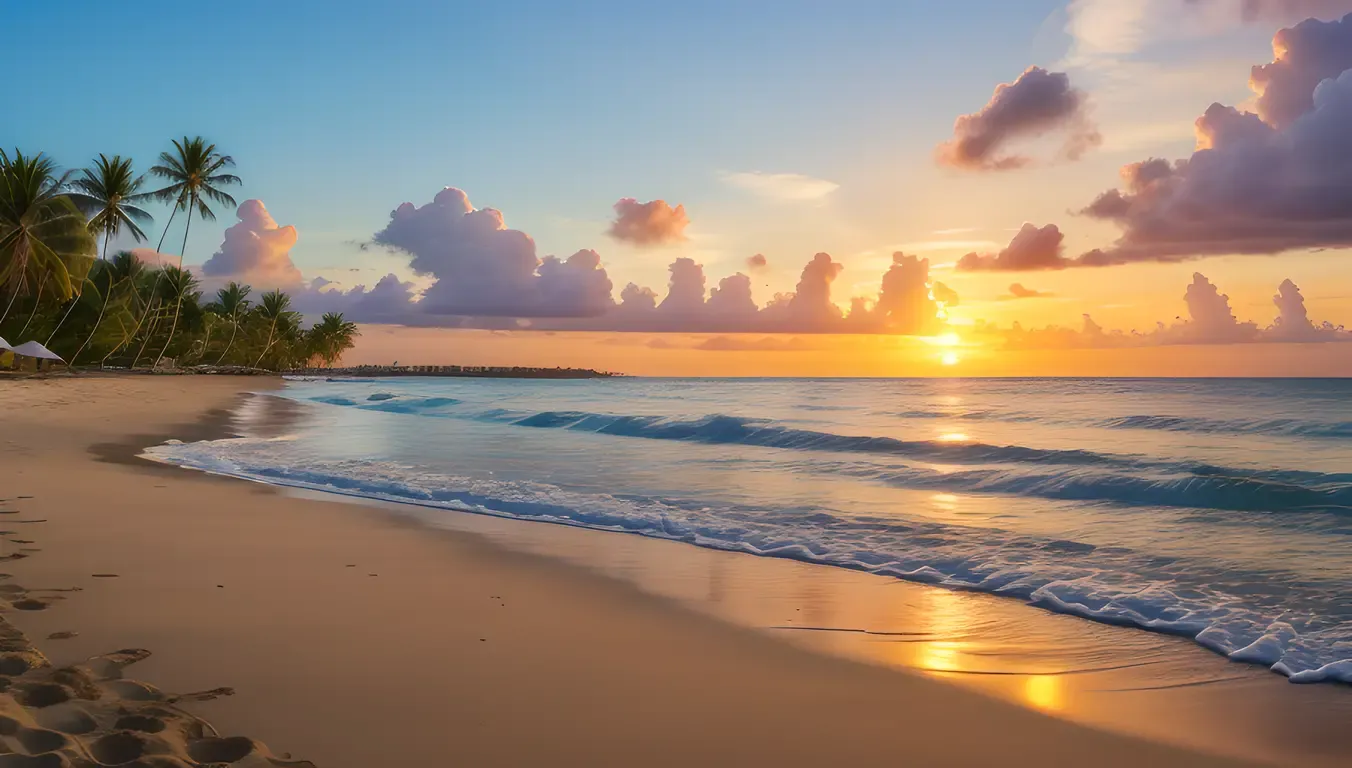 Stunning Sunset over Tropical Beach with Palm Trees Image