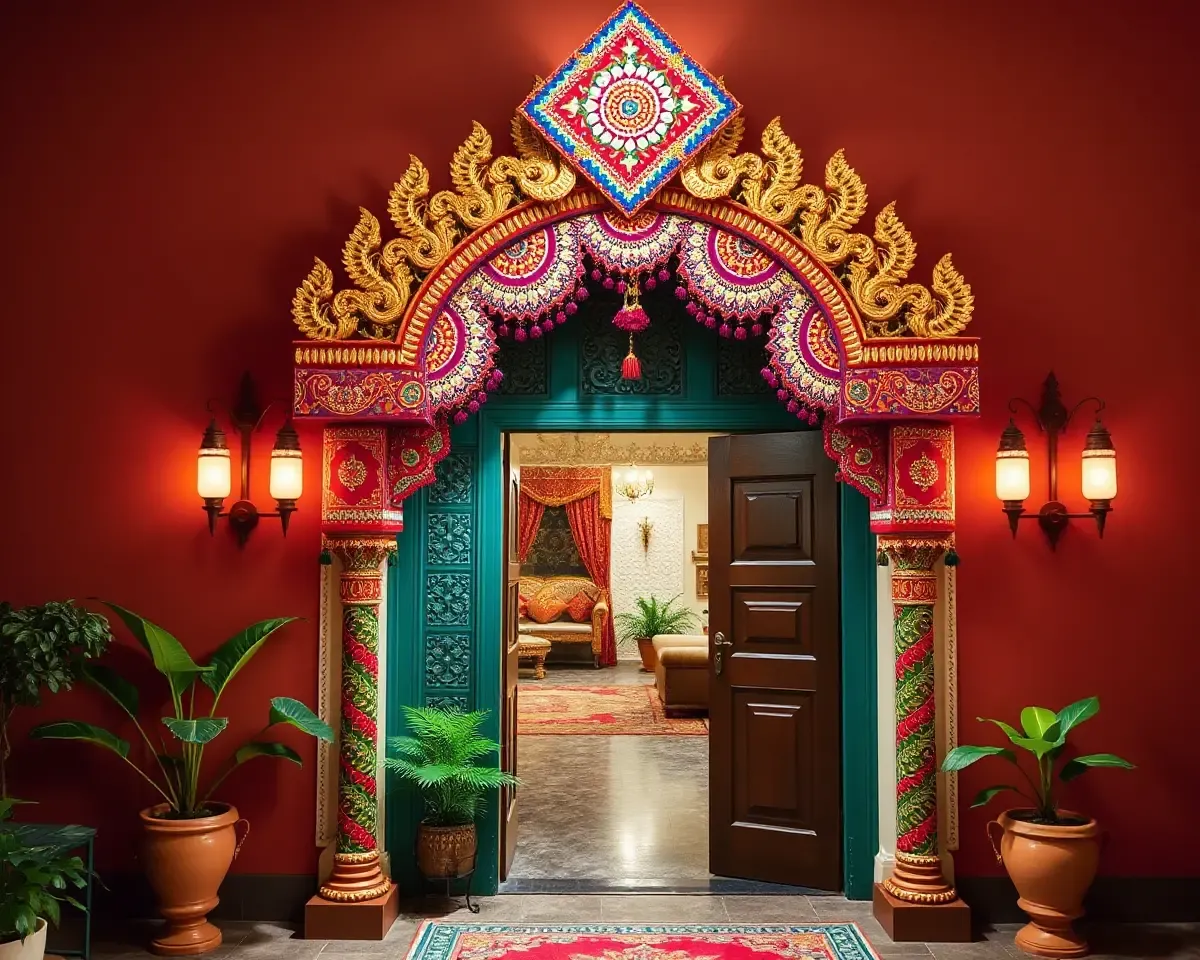 Stunning sakharpuda patrika adorns traditional Maharashtrian home entrance.