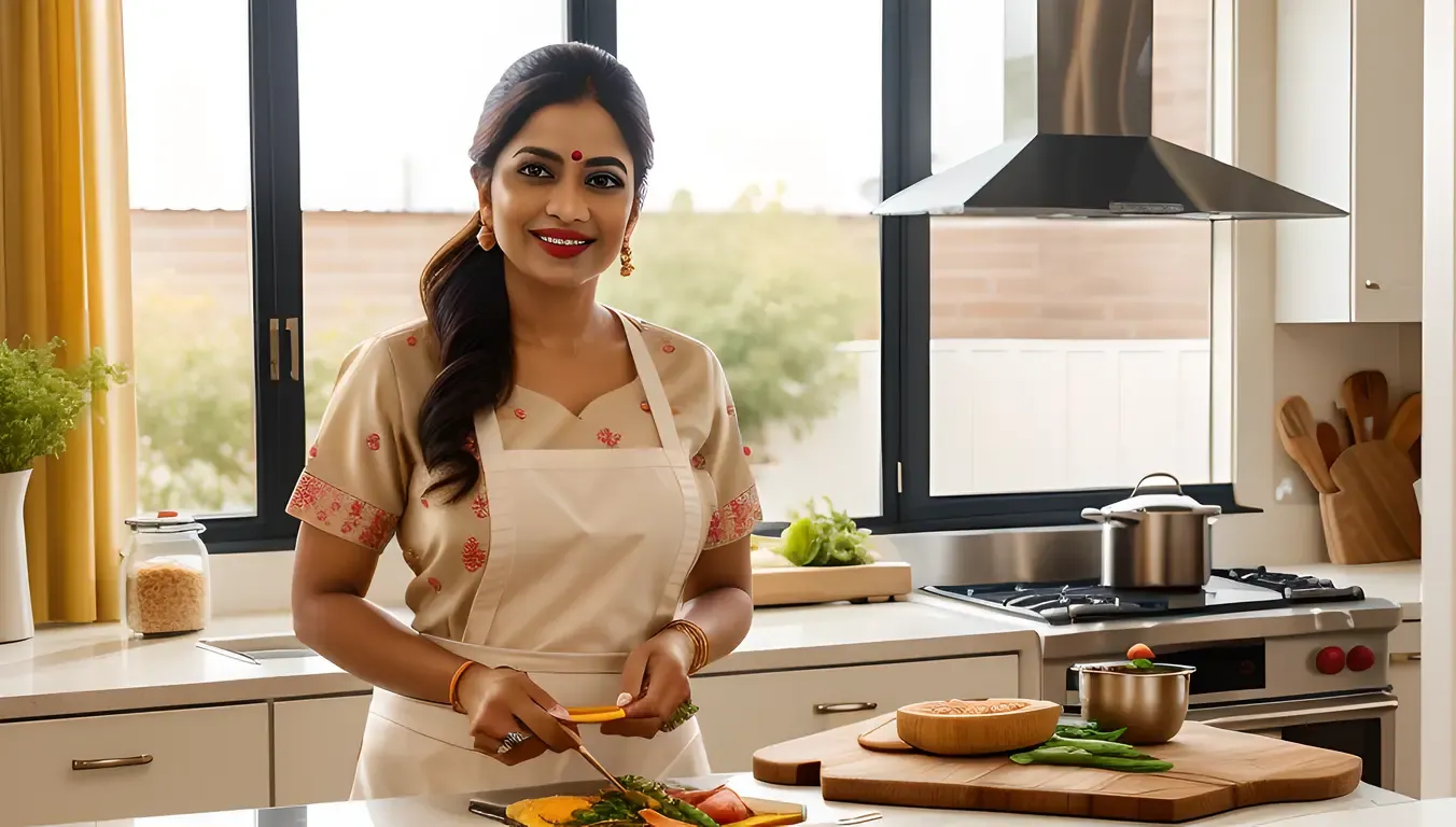 Stylish Bhabhi in Modern Kitchen with Sunny Window