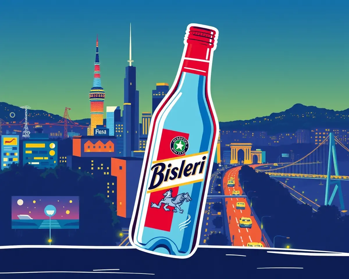 Stylized Illustration of Bisleri Bottle in Vibrant Cityscape
