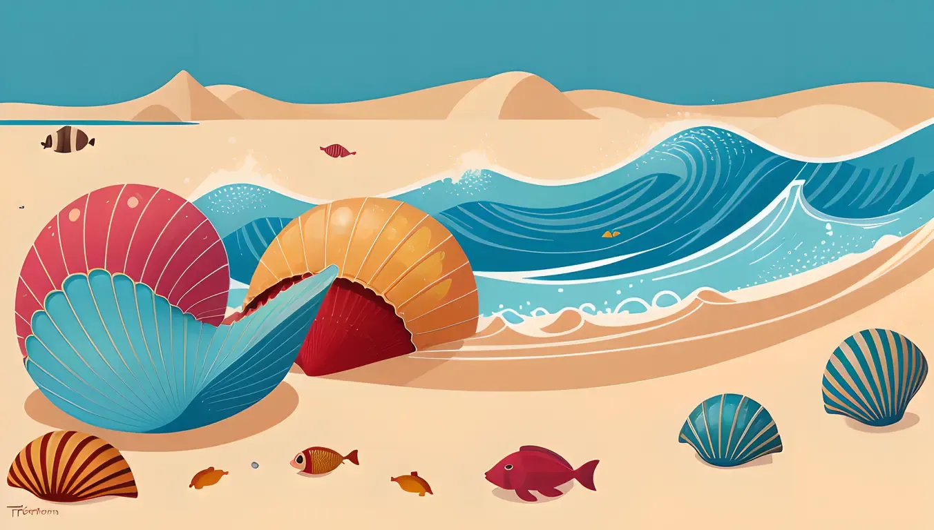 Stylized Illustration of Bold theetam Shell with Ocean Creatures