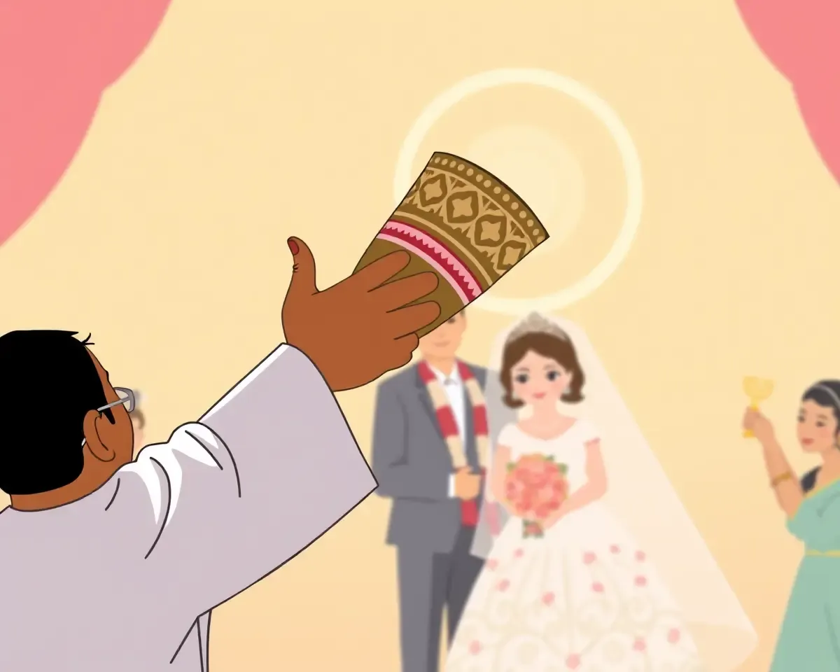 Stylized Illustration of Priest Waving Mangal Parinay Patrika with Bride and Groom