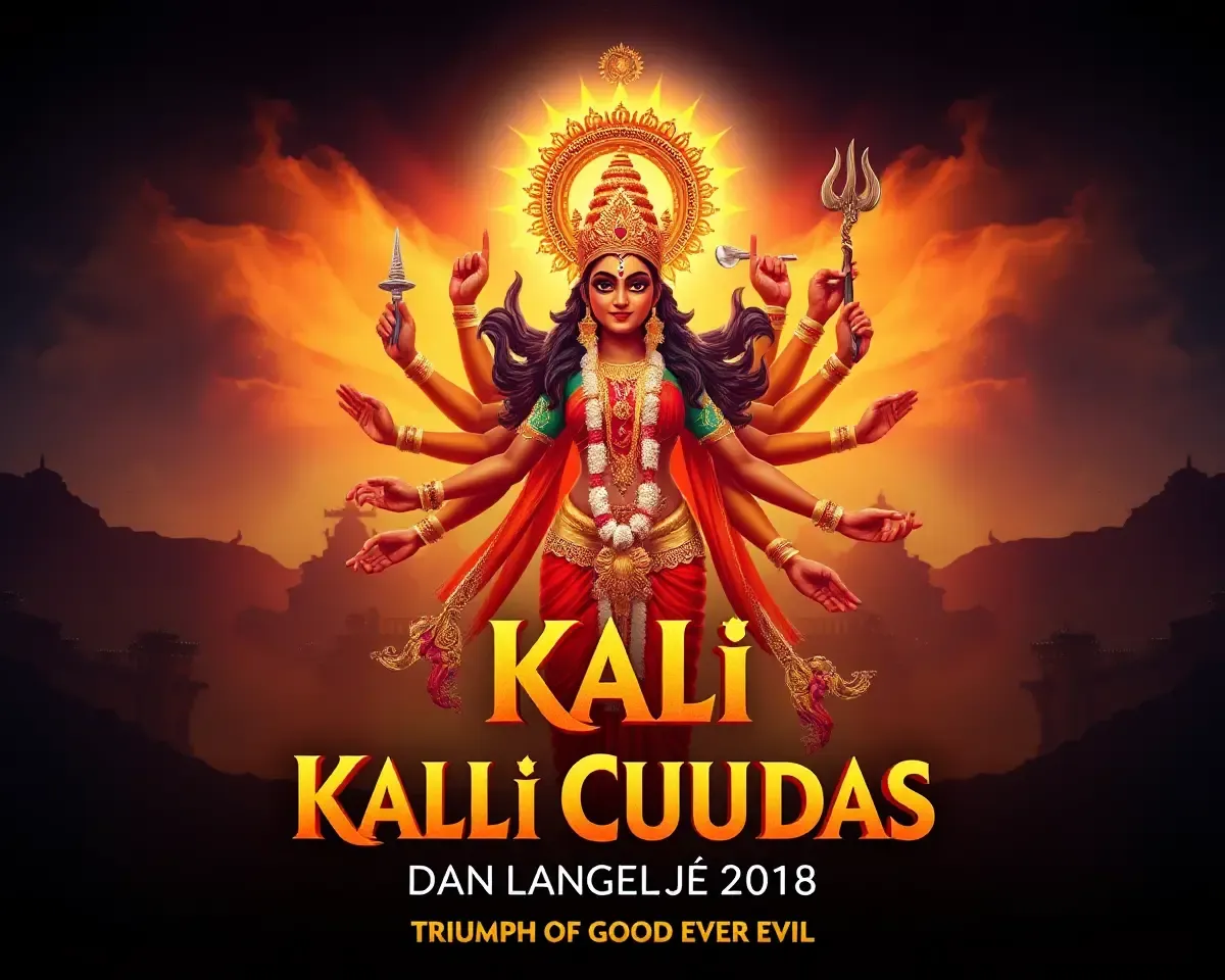 Stylized Kali Goddess Triumphs Over Evil in Cityscape