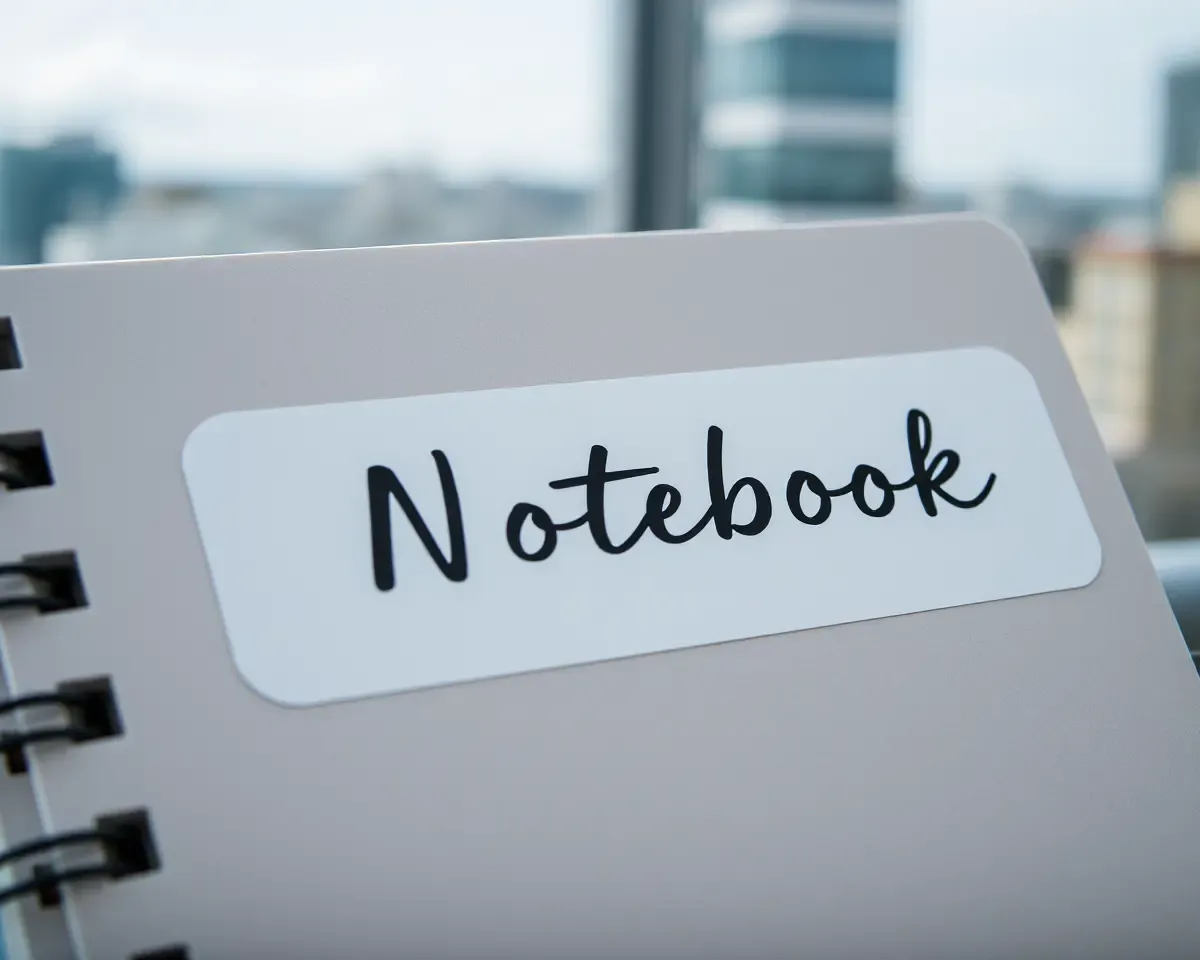 Subtle Name Sticker on Notebook Cover with Cityscape