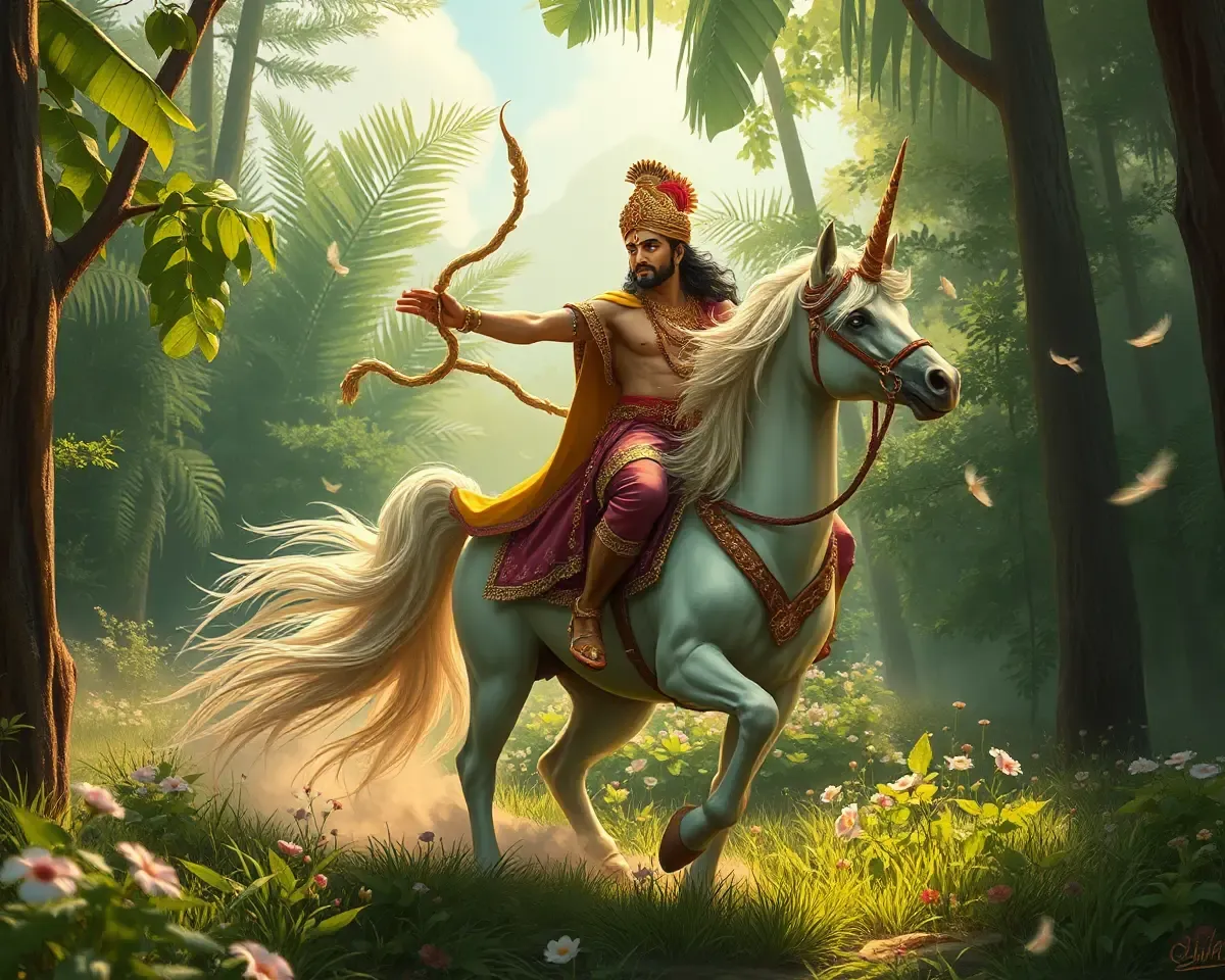 Sudithar Rides Unicorn Through Lush Forest Adventure