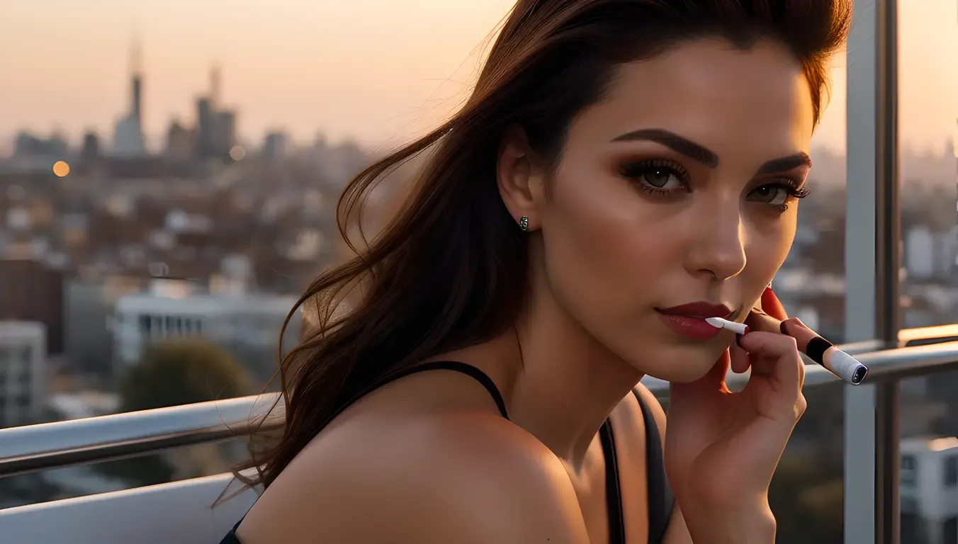Sultry Smoking Girl Posing Against Sunset Cityscape