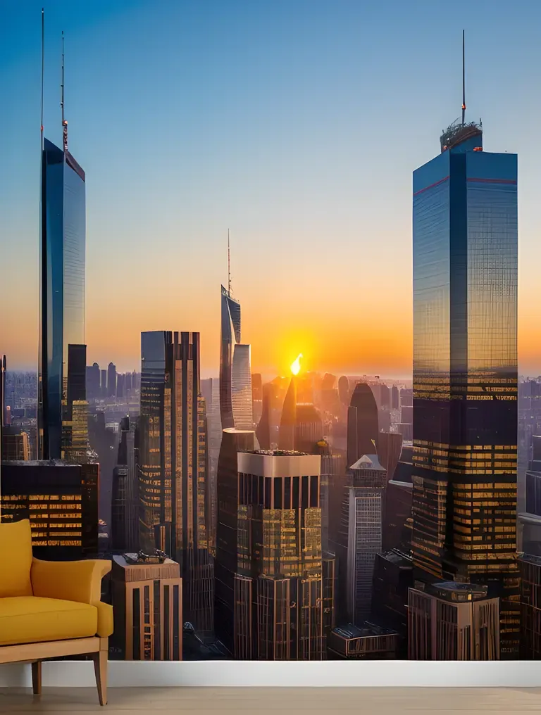 Sunset Cityscape with Giant Hip-Hop Mural and Geometric Patterns