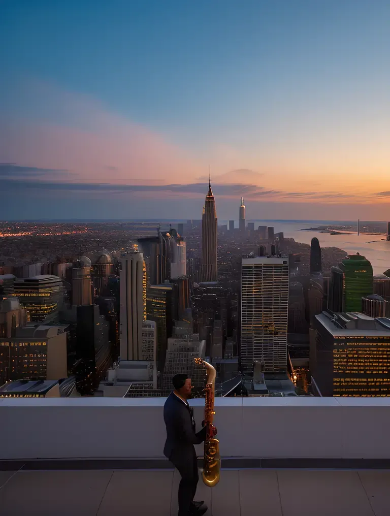 Sunset Rooftop Saxophone Solo Over Cityscape
