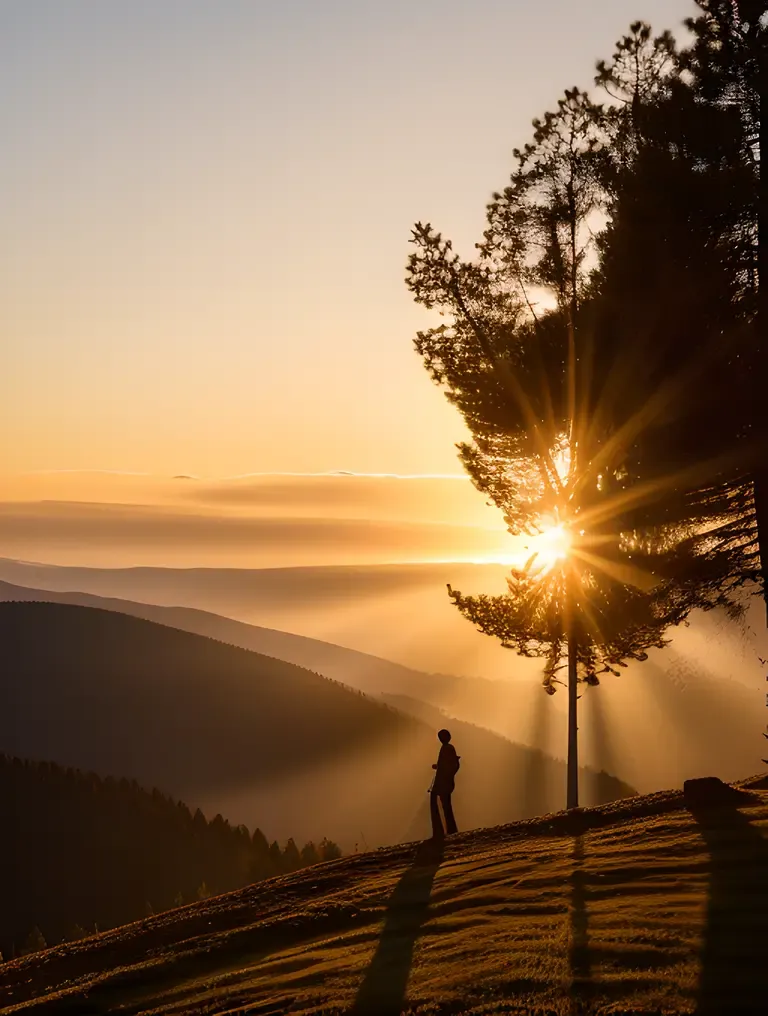 Sunset Silhouette of Fir Tree on Hillside